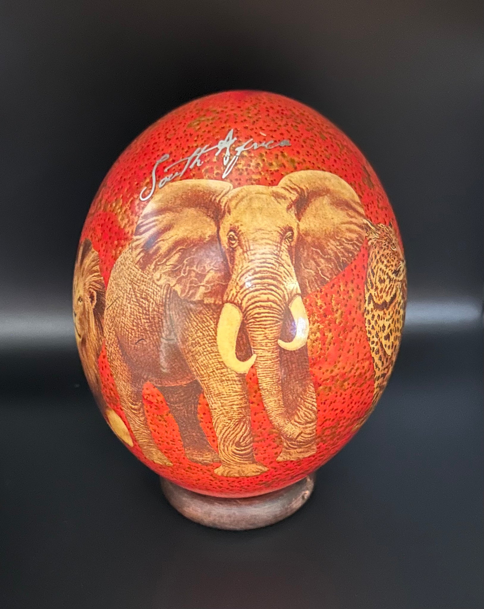 African Wildlife Art Ostrich Egg With Stand